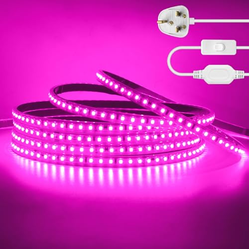 KAFULA 220V LED Strip Light with On/Off [27M,Pink],IP65 Waterproof Flexible SMD2835 LED Fairy Lights CRI85+,Every 10cm can be Cut,Bedroom Kitchen Corridor Decoration