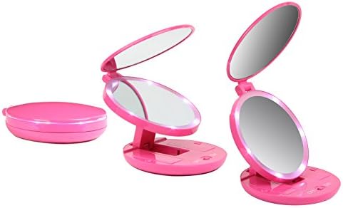 Facsmile Lighted Travel Mirror 5X Magnifying with Folding Stand - Hot Pink