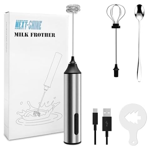 Milk Frother Handheld Kit, NEXT-SHINE Coffee Mixer USB Charging Mini Egg Beater 2 Adjustable Speeds with 2 Stainless Steel Whisks, Foam Maker Includes Coffee Decorating Stencils and Stirring Spoons Cover