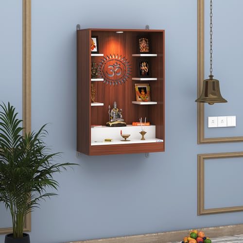 Image of Anikaa Niketana Wooden Wall Mount Mandir for Home | Pooja Temple with LED Light, Om Back Panel & 6 Shelves | Hindu Wooden Temple for Home & Office Decoration | Walnut /White (DIY), Size(32x20x8 Inches)