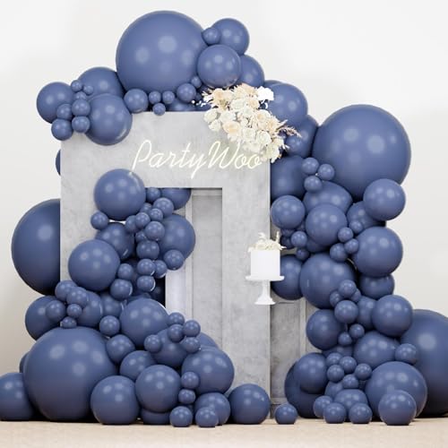 Image of PartyWoo Dusty Blue Balloons 140pcs Different Sizes Pack of 18 12 10 5 Inch Navy Slate Blue Boho Neutral Balloon Arch Kit for Baby Shower Anniversary Graduation Birthday Party Decorations Blue-F15