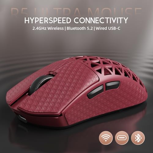 Image of R5Ultra 8K Carbon Fiber Wireless Gaming Mouse with 42000 DPI -PAW3950 MAX Sensor -39g Ultra-Lightweight-Nordic 52840 MCU Chip-Wired /BT /2.4GHz Wirelss Programmable Mouse Tape for PC /Mac (Red)
