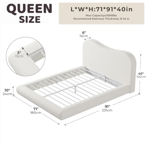Image of RECCI AirFrame Queen Upholstered Bed Frame with Camelback Curved Headboard | Camelback Curved Headboard, 360 Soft Foam Surround, Low Profile Cloud Bed Frame, No Box Spring Required, Easy Assembly