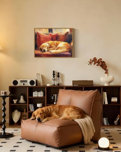 Image of ARPEOTCY Vintage Framed Canvas Wall Art, 12x16inch, Farmhouse Sleeping Dog Wall Decor, Animal Art Prints Home Decorations, Labrador Paintings for Living Room Bedroom Office Decor