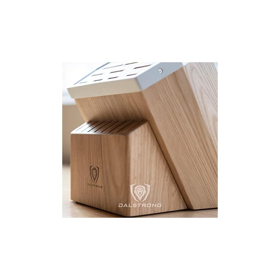 DALSTRONG-Universal-Knife-Block-23-Slots-Premium-American-Ash-Wood-Aluminum-Alloy-Rim-Kitchen-Set-Lion-Head-Logo-Badge-Premium-Craftsmanship-Knife-Set-Angled-For-Ergonomics-Cleans-Easily DALSTRONG Universal Knife Block - 23 Slots - Premium American Ash Wood - Aluminum Alloy Rim Kitchen Set - Lion Head Logo Badge - Premium Craftsmanship Knife Set - Angled For Ergonomics - Cleans Easily