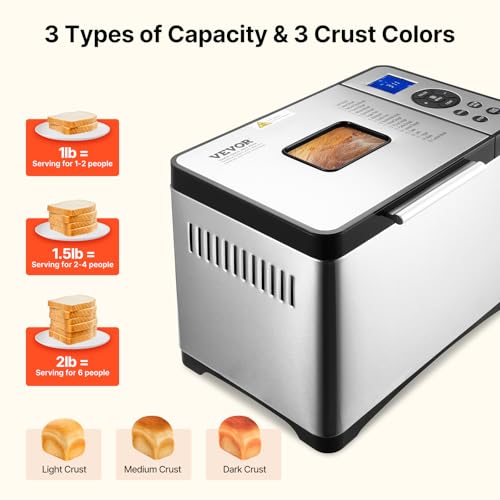 Image of VEVOR Bread Maker, 19-in-1 2LB Dough Machine, Nonstick Ceramic Pan Automatic Breadmaker with Gluten Free Setting, Whole Wheat Bread Making, Digital, Programmable, 3 Loaf Sizes, 3 Crust Colors
