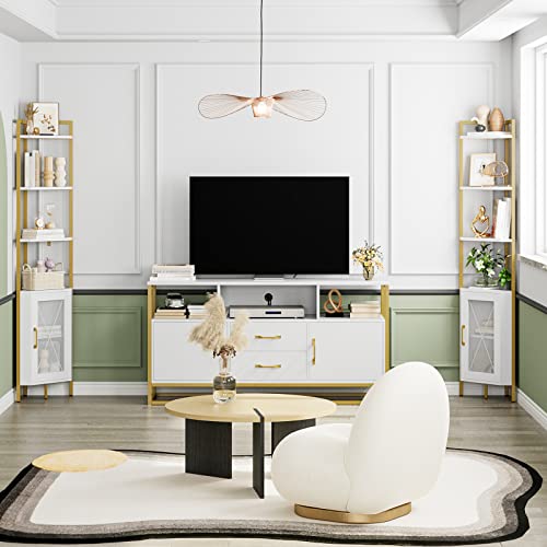 Hithos 71" Tall Corner Shelf, 6-Tier Corner Bookcase, Gold Bookshelf With Storage Cabinet, Modern Display Shelf, Free Standing Storage Rack Plant Stand For Living Room, Bedroom, Home Office, White #TOP4