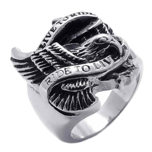 Bague biker homme en acier inoxydable avec motif aigle noir et argent