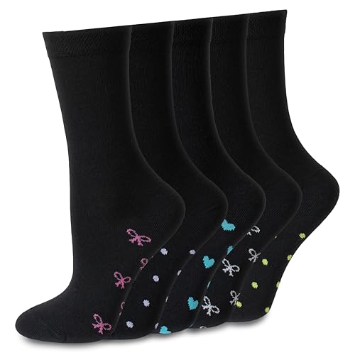 Socksmad 5-Pair Womens Black Socks Multipack Size 4-7 Crew Style with Fun Heart & Bow Pattern Soft Breathable Cotton for All-Day Comfort Perfect for Work Casual Wear & Gifting Styled in England