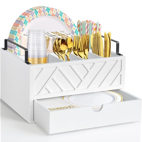 Paper Plate Dispenser with Drawer, Paper Plate Holder for Kitchen Counter, Wood Rustic Silverware Utensil Caddy, Cutlery Flatware Organizer for Cup Spoon Fork Plates Napkins, White Kitchen Accessories