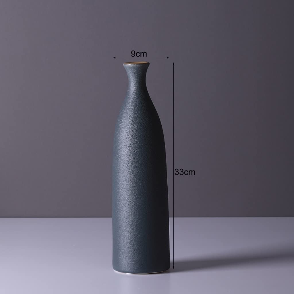 Jarrón de cerámica geométrico moderno con cuello estrecho para estantería, chimenea, decoración de entrada, jarrón de flores azul fino (33 cm x 9 cm)