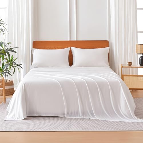 Image of Amazon Basics Jersey Knit 4-Piece Sheet Set, Wrinkle Free and Easy Fit, Includes 16 inch Deep Pocket Fitted Sheet, 1 Flat Sheet and 2 Pillowcases, Queen, White