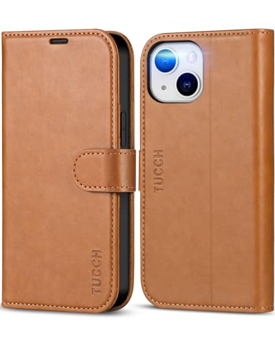 TUCCH Case Wallet for iPhone 13 6.1-inch 5G, Protective [TPU Shockproof Inner Shell], PU Leather [RFID Blocking] [Card Holder] Magnetic Stand Cover Compatible with iPhone 13 6.1' 2021, Light Brown
