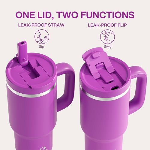 Image of 32 oz Tumbler with Handle and Straw: Stainless Steel Insulated Tumbler Keeps Cold for 24 Hours, Leakproof Travel Cup Fits in Cup Holder and BPA-Free,Bright Magenta