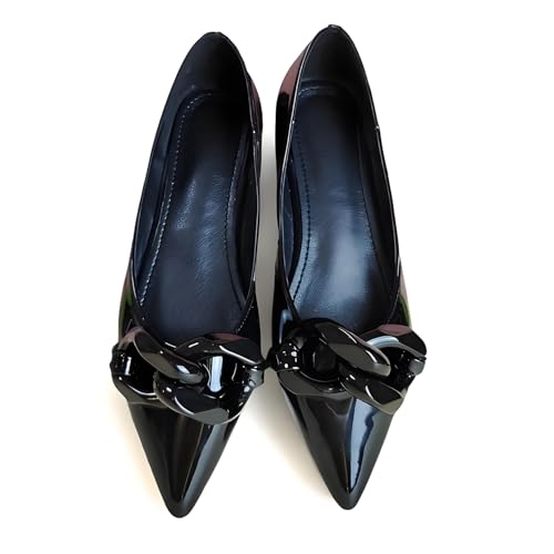 Women Patent Leather Pointed Toe Ballet Flats with Chain Embellishment Daily Shoes