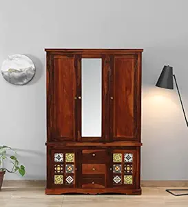 Advika Handicraft Sheehsham Wood 3 Door Wardrobe in Honey Oak
