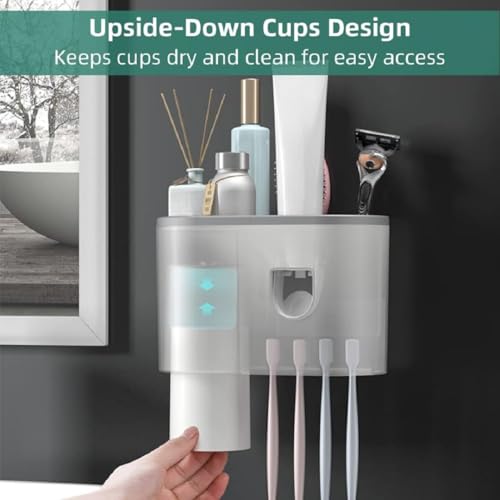 Image of Toothbrush Holder Wall Mounted, Automatic Toothpaste Dispenser Squeezer Kit -Magnetic Toothbrush Holder for Bathroom and Vanity, 4 Brush Slots (Grey, 1 Cup)