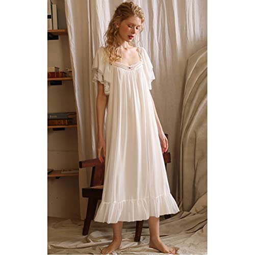 Womens' Classic Victorian Nightgown Long Lace Nightdress Princess Chemises Sleepwear Housedress Nightrobe Pajamas Lounger (White, Medium) #TOP1