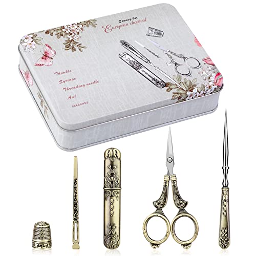BUTUZE - Kit de herramientas de costura vintage, antiguo, europeo, con tijeras de bordado, estuche original, aguja de costura, punzón para costura, enhebrador, para manualidades, costura