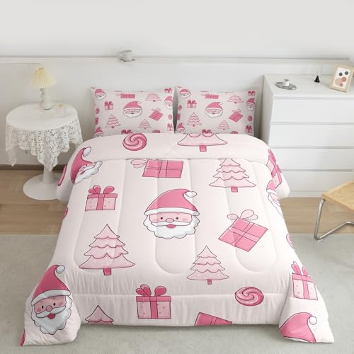 Homemissing Juego de edredón de Feliz Navidad, juego de ropa de cama de tamaño doble para niños y niñas, edredón de Papá Noel, bonita decoración de dormitorio, microfibra rosa claro, 3 piezas con 2