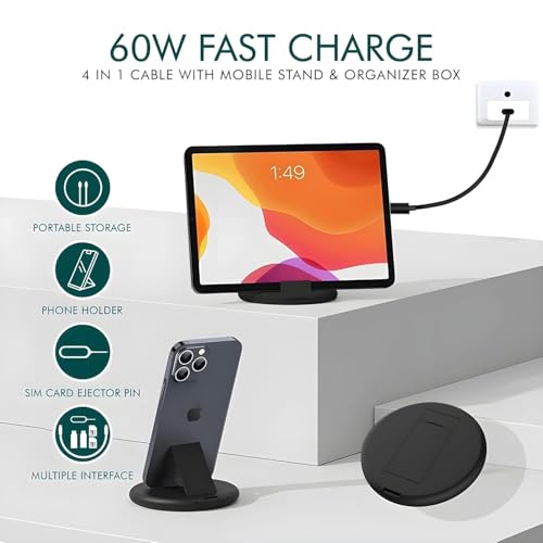 Image of All in One 60W USB C to C Fast Charging Travel Cable Set Type C, Micro USB Port Inbuilt Mobile Stand Compatible with All Smartphones, Tablet