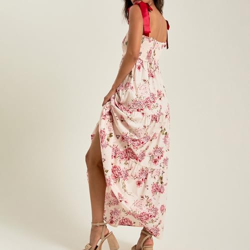Image of Women Y2k Boho Maxi Dress Tie Shoulder Backless Strappy Tiered Flowy Dress 2024 Summer Floral Beach Sundress