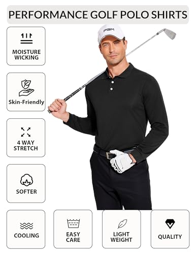 PINSPARK Camisa polo masculina de manga comprida com absorção de umidade, camisas de golfe, modelage