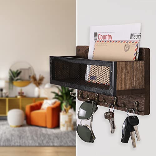 Adiil Mail And Key Holder For Wall Decorative, Wooden Wall Key Rack Organizer With 4 Double Key Hooks, Wall Mount Key Hanger For Wall With Shelf, Rustic Home Decor For Entryway Hallway, Brown #TOP1
