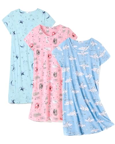 3 Pack Nightgowns for Women Soft Cotton Short Sleeve Night Shirts Womens Print Sleep Shirts Sleepwear