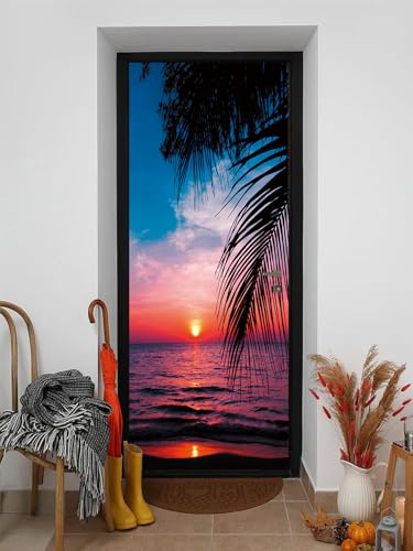 FLFK 3D Tropischer Sonnenuntergang Wohnzimmer Türtapete Wandbilder Selbstklebend Tür Poster Vinyl Entfernbar Mauer Aufkleber Zuhause Dekor 77x200CM