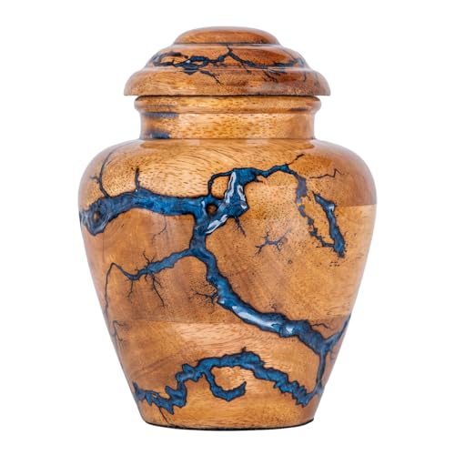 Image of Small Keepsake Urn for Human Ashes Adult - Handcrafted Wooden Mini Urn (20 Cubic Inches) - Blue Decorative Memorial Cremation Urn for Men & Women - Keepsake Urns for Sharing Ashes