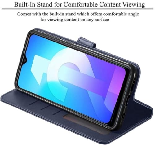 Image of Genuine Leather Finish Flip Cover Compatible Model for Vivo V2334 / Vivo T3-5G | Inside Back TPU Wallet Button Magnetic Closure for Vivo T3 5G- Navy Blue