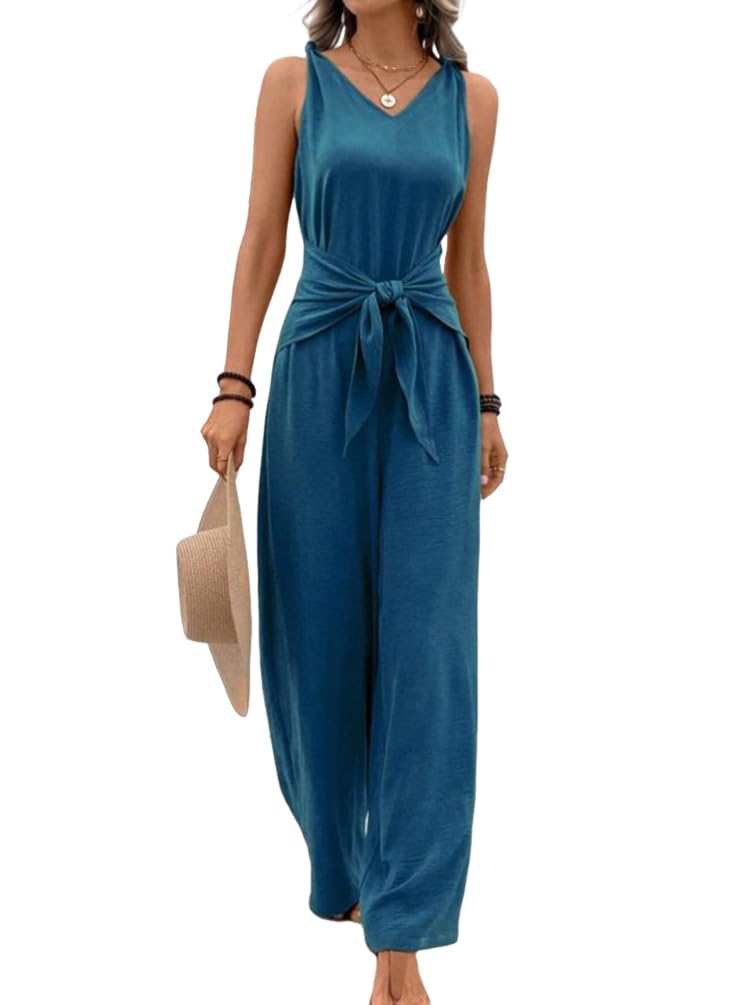 Tuta Intera Donna Estiva Monopezzi e Tutine senza Maniche Scollo V Vita Alta con Cintura Gamba Larga Jumpsuit Casuale