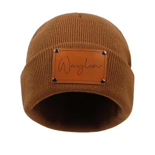 Rucekia Custom Name Baby Hats for Boys Girls, Personalized Leather Patch Beanies for Infants Toddlers Adults, Newborn Winter Knitted Hat Brown