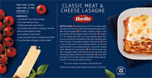 Image of Barilla Oven-Ready Lasagne, 9 oz. Box - Pasta Made with Durum Wheat Semolina - Kosher Certified Pasta (Pack of 4)