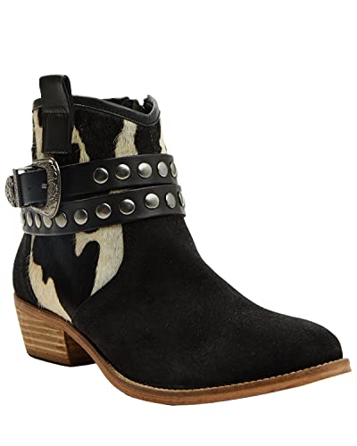 Shyanne Women's Bess Cow Print Cowboy Booties Round Toe Black #TOP17