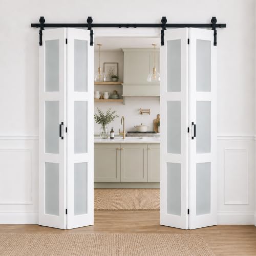 Image of Bifold Frosted Glass Barn Door 60 inchx84 inch with Hardware Included