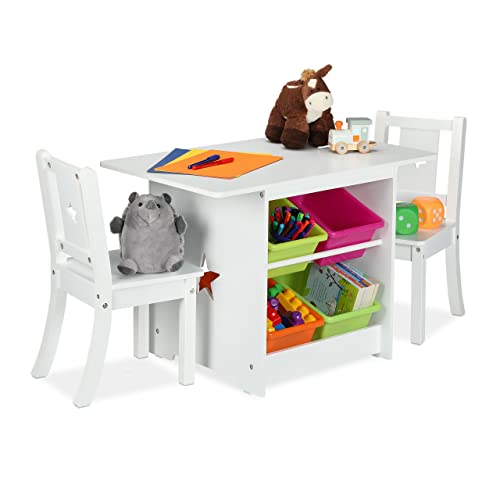 Relaxdays Mesa y 2 Sillas Infantiles con Cajas de Almacenamiento, Unisex, Mobiliario de Niños para Dormitorio, Blanco