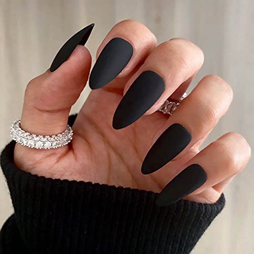 Tgirls 24Pcs Matte False Nails Tip Full Cover Long Fake Nails Shape Nails Sharp Art Stiletto Nail for Women and Girls (Black)