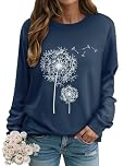 Dresswel Women Dandelion Print Sweatshirt Crew Neck Long Sleeve Tops Basic Jumper Tunic Blouse Shirts(Navy, L)