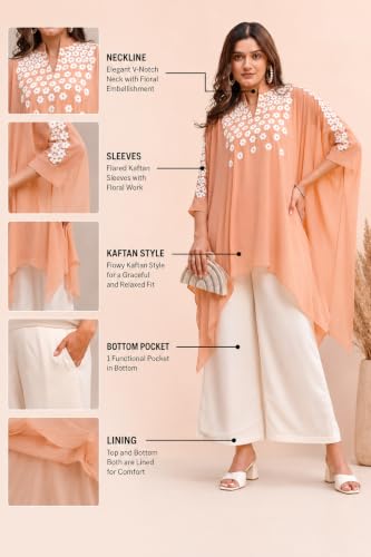 Womanista Women's Peach Georgette Kaftan Embroidered Co-ord Set - Image 3