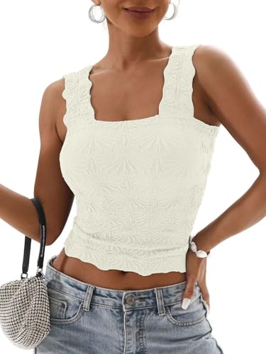 Women's Square Neck Tops Slim Fit Sleeveless Wide Strap Crop Tank Tops Lettuce Trim Crop Cami Tops with Floral Jacquard3