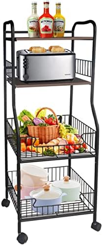 Ardier Kitchen Baker’s Rack, 4-Tier Metal Storage Shelves Floor Standing Kitchen Rack Organizer with Rolling Wheels for Spice Jars, Pots and Pans, Mini Microwave, Black