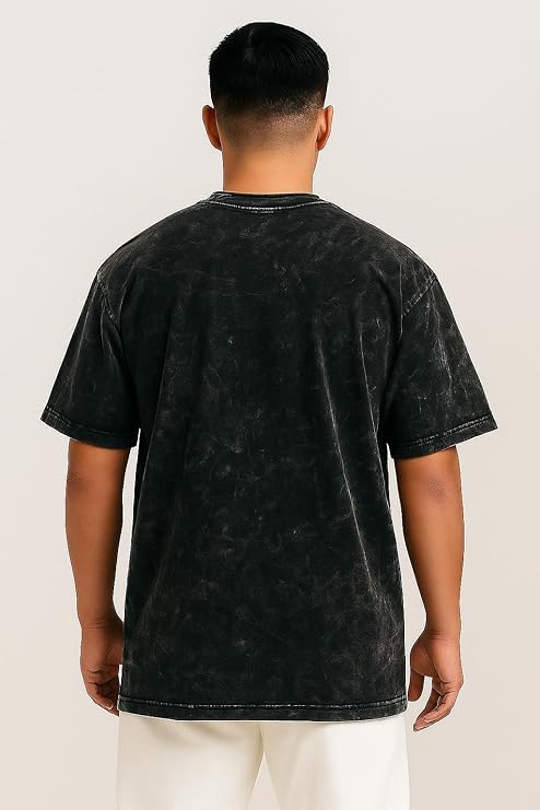 Image of VEL Heavy Pure Cotton Men's Graphic Print Oversized Fit Half Sleeve Round Neck Cotton Acid Wash Print T-Shirt (in, Alpha, S, Regular, 1, CloudBlack)