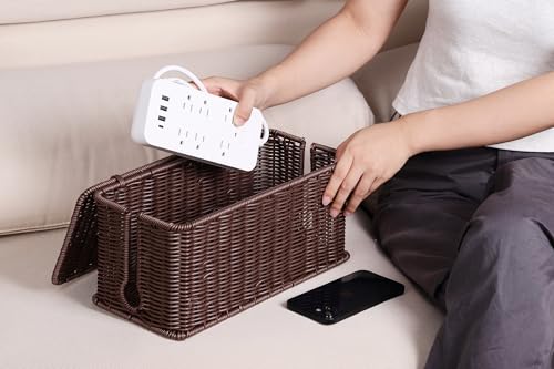 Image of ZhiYo Rattan Cable Management Box, Dark Brown, 13.5 inch x 6.2 inch x 6 inch | Handwoven cord organizer conceals power strips and cables for a cleaner home or office setup, cord hider design