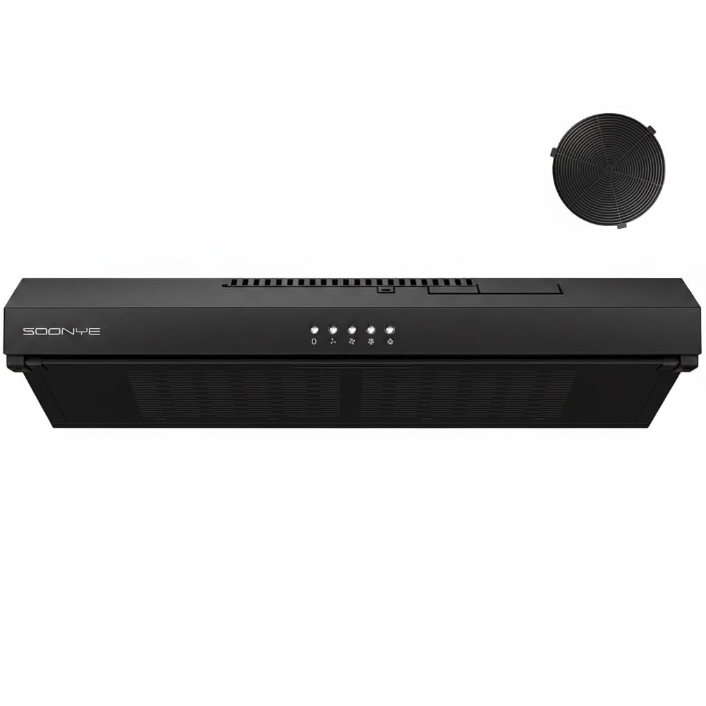 Soonye Dunstabzugshaube 60cm Unterbau,Umlufthaube Umluft 220 m³/h mit Kohlefilter,3 Leistungsstufen, Integrierte Unterschrank Unterbauhaube, Abluft Abzugshaube Schwarz