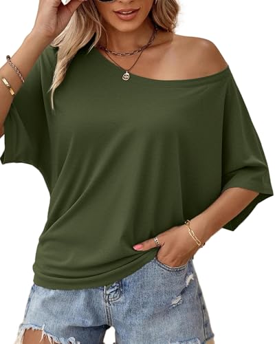 Image of Hilinker Womens Sexy Off The Shoulder Tops Short Batwing Sleeve T Shirt Oversized Casual Tee