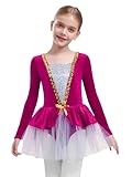 TiaoBug Vestido De Ballet Para Patinaje Artístico Niñas Vestido Tutú De Terciopelo Mangas Largas Traje De Actuación De Navidad Rosa caliente 9-10 años