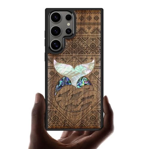 Étui pour Galaxy S25 Ultra coque rigide bois de noyer gravé vagues
