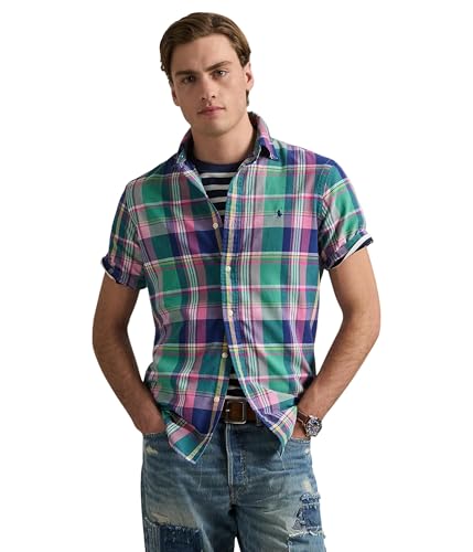 Image of POLO RALPH LAUREN, Mens, Classic Fit Plaid Oxford Shirt, Green /Pink Multi, XX-Large